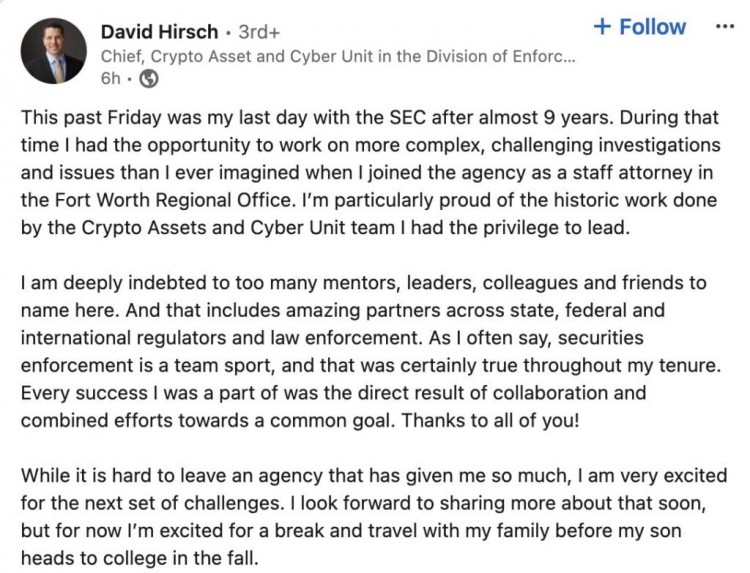 SEC加密资产执法部门负责人DAVIDHIRSCH辞职